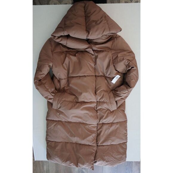Old Navy Women's Sz M Brown Water-Resistant Quilted Long Hooded Puffer Coat - Picture 12 of 14